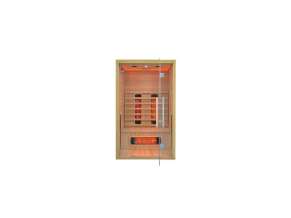 Infrared sauna Marimex POPULAR 2003 L with red LED lighting, a glass door, a bench and Redlight heaters