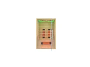 Infrared sauna Marimex POPULAR 2003 L, front view with green LED lighting and glowing Redlight heaters