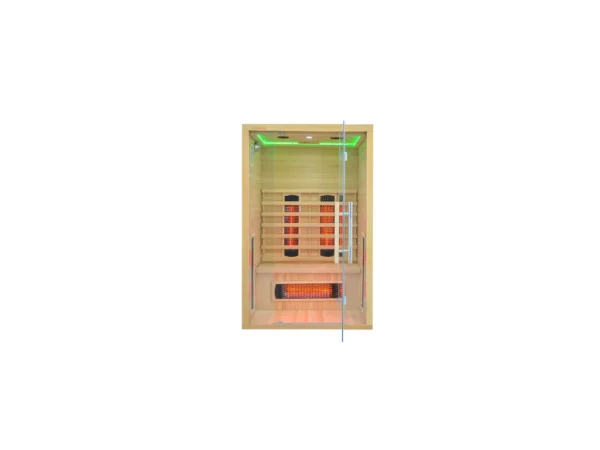 Infrared sauna Marimex POPULAR 2003 L, front view with green LED lighting and glowing Redlight heaters