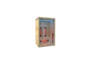 Infrared sauna Marimex POPULAR 2003 L from an angle with blue LED lighting, a glass door and Redlight heaters