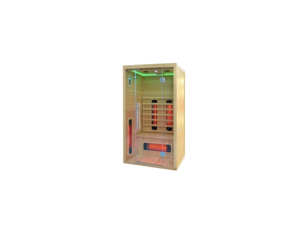 Infrared sauna Marimex POPULAR 2003 L from an angle with green LED lighting, a glass door and Redlight heaters