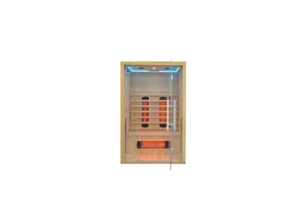 Infrared sauna Marimex POPULAR 2003 L with blue LED lighting, a glass door, a bench and Redlight heaters