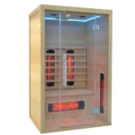 Инфракрасная сауна Marimex POPULAR 2003 L на 2 человека – общий вид с синей LED подсветкой, скамьёй и нагревателями Redlight