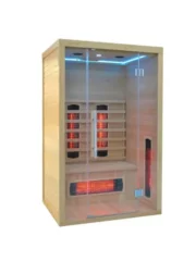 Infrared sauna Marimex POPULAR 2003 L for 2 people – general view with blue LED lighting, a bench and Redlight heaters