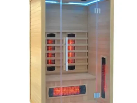 Infrared sauna Marimex POPULAR 2003 L for 2 people – general view with blue LED lighting, a bench and Redlight heaters