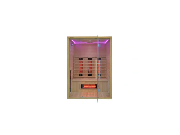 Infrared sauna Marimex POPULAR 3003 XL with purple LED lighting, a glass door, a bench and Redlight heaters