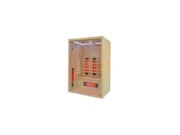 Infrared sauna Marimex POPULAR 3003 XL from an angle with white LED lighting, glass walls and Redlight heaters