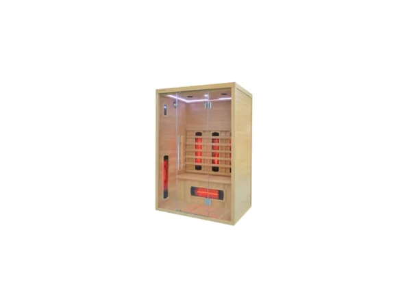 Infrared sauna Marimex POPULAR 3003 XL from an angle with white LED lighting, glass walls and Redlight heaters