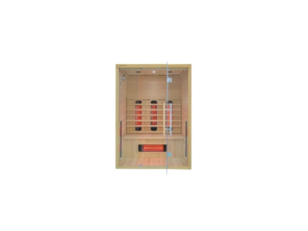 Infrared sauna Marimex POPULAR 3003 XL, side view with white LED lighting, a bench and Redlight heaters