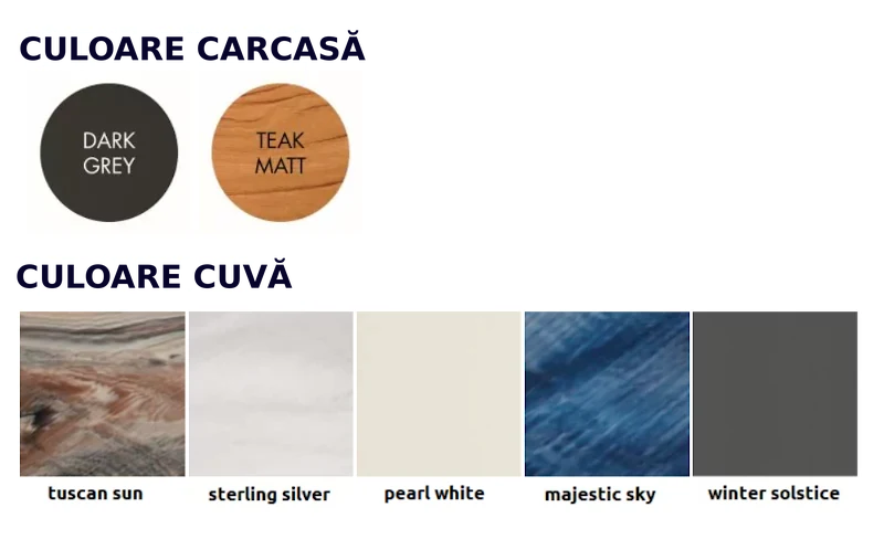 Цветове на обшивката и на мидата на градинско джакузи Hanscraft – Dark Grey, Teak Matt и пет цвята на мида