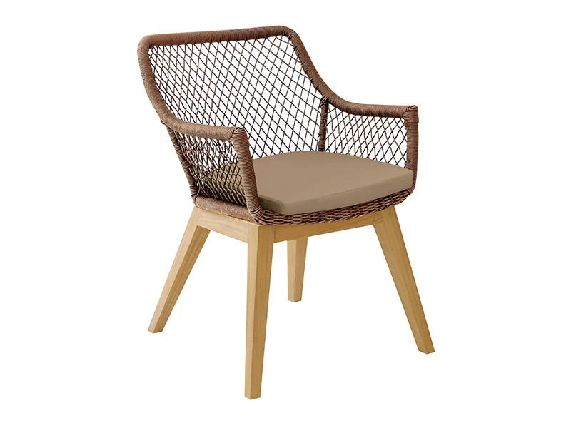 Brown Olivia garden armchair with wicker, teak legs and a brown cushion