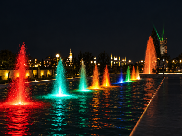Kaskadendüsen Atlas Pool an einem Springbrunnen bei Nacht