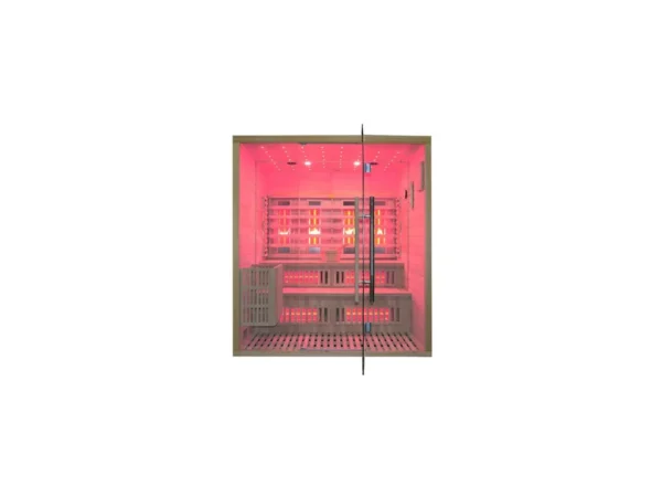 Marimex UNITE XXL combination sauna, front view with red LED lighting and glowing infrared panels