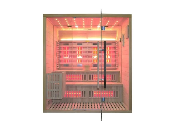 Marimex UNITE XXL combination sauna, front view with infrared panels, LED stars on the ceiling and pink light