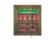 Marimex UNITE XXL combination sauna, front view with green LED lighting, infrared panels and benches