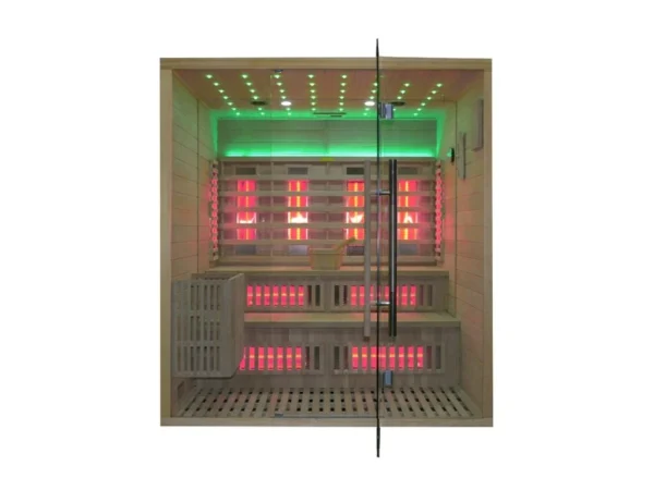 Marimex UNITE XXL combination sauna, front view with green LED lighting, infrared panels and benches