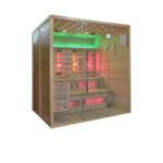 Marimex UNITE XXL combination sauna at an angle with green LED lighting, infrared panels and a glass front