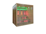 Marimex UNITE XXL combination sauna at an angle with green LED lighting, infrared panels and a glass front