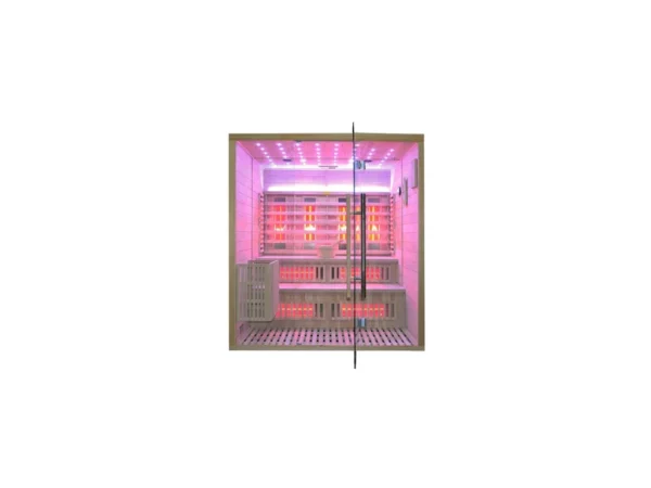 Marimex UNITE XXL combination sauna, front view with purple LED lighting, infrared panels and two-level benches
