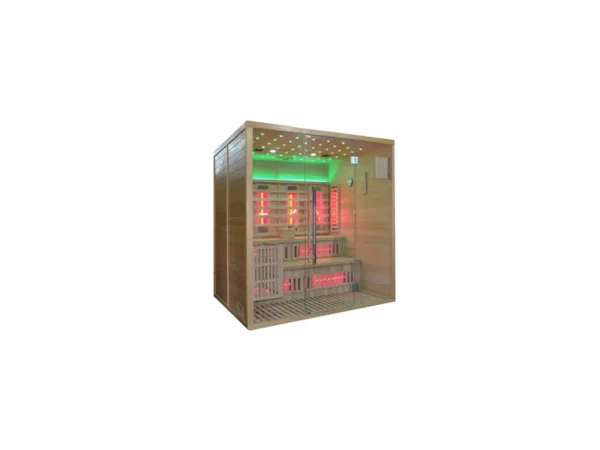 Marimex UNITE XXL combination sauna at an angle with green LED lighting, a starry sky and infrared panels