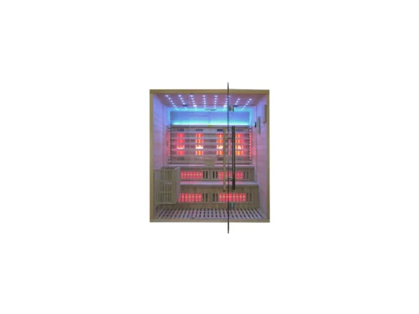 Marimex UNITE XXL combination sauna, front view with blue LED lighting, infrared panels and a corner bench