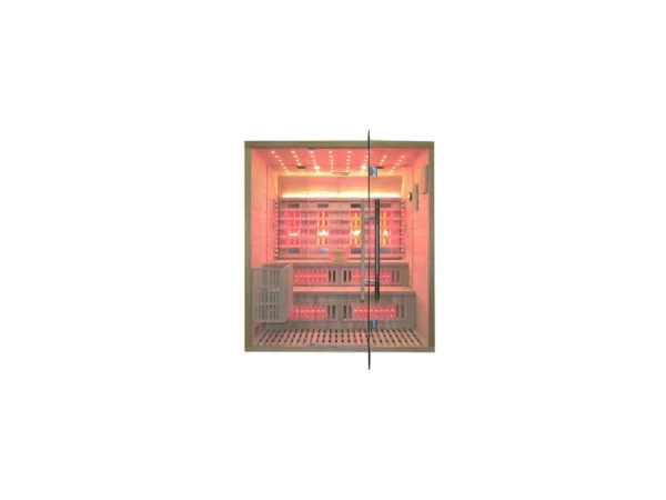 Marimex UNITE XXL combination sauna, front view with warm orange lighting and red infrared panels