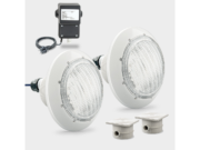 Комплект с 2 бели LED прожектора, трансформатор и две кабелни кутии, бяла бленда