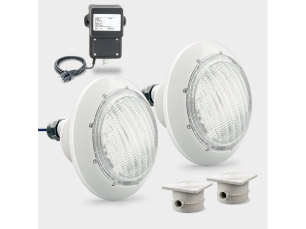 Комплект с 2 бели LED прожектора, трансформатор и две кабелни кутии, бяла бленда