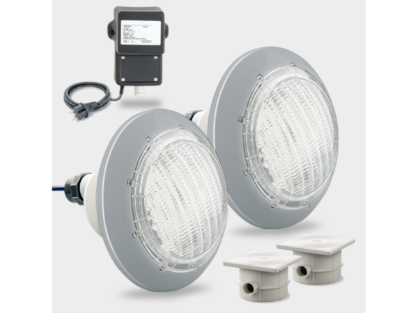 Комплект с 2 бели LED прожектора, трансформатор и две кабелни кутии, сива бленда