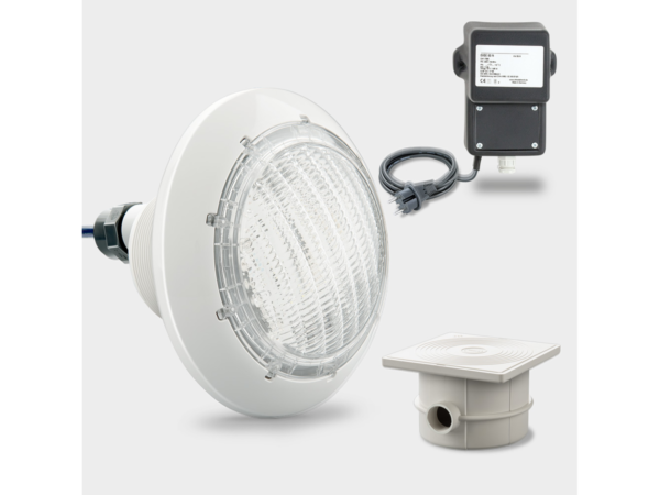 Комплект с 1 бял LED прожектор, трансформатор и кабелна кутия, бяла бленда