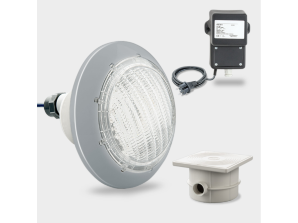 Комплект с 1 бял LED прожектор, трансформатор и кабелна кутия, сива бленда