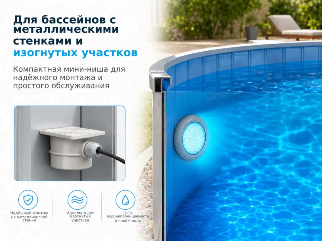 Комплект 2 шт. LED RGB подводного освещения POOLSANA VARIO 25W с 7 цветами и серой рамкой – Для бассейнов с металлическими ст