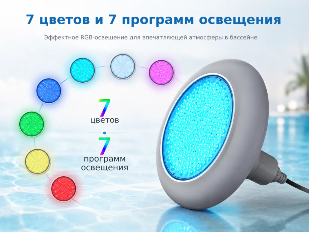 Комплект 2 шт. LED RGB подводного освещения POOLSANA VARIO 25W с 7 цветами и серой рамкой – 7 цветов и 7 программ освещения