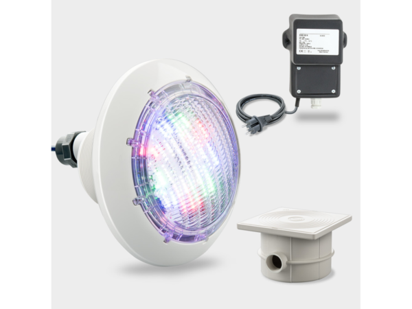 Комплект с 1 RGB прожектор, трансформатор и кабелна кутия, бяла бленда