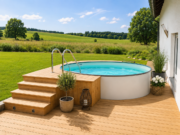 Runder Pool MTH Atlantic Round mit sandfarbener Auskleidung, Holztreppe und Plattform