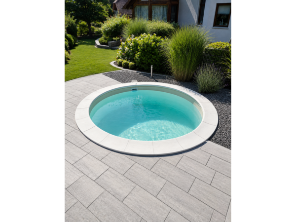 Runder Pool MTH Atlantic Round mit sandfarbener Auskleidung auf einer Terrasse aus grauen Platten neben dem Haus