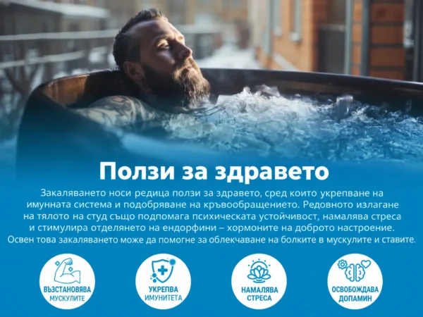 Инфографика за ползите от закаляването със студена вана – мускули, имунитет, стрес и допамин, мъж във ваната с лед