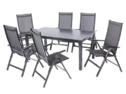 Compact garden table with six folding armchairs around it