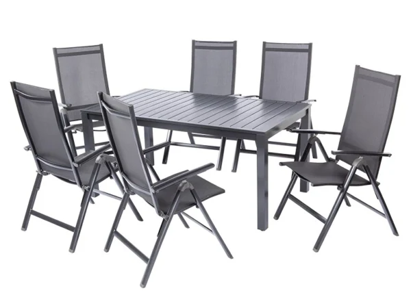 Compact garden table with six folding armchairs around it