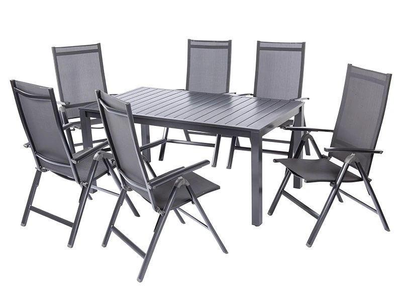 Compact garden table with six folding armchairs around it
