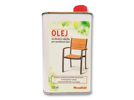 Ulei pentru lemn Mountfield 500 ml în cutie cu capac roșu și etichetă pentru mobilier din lemn