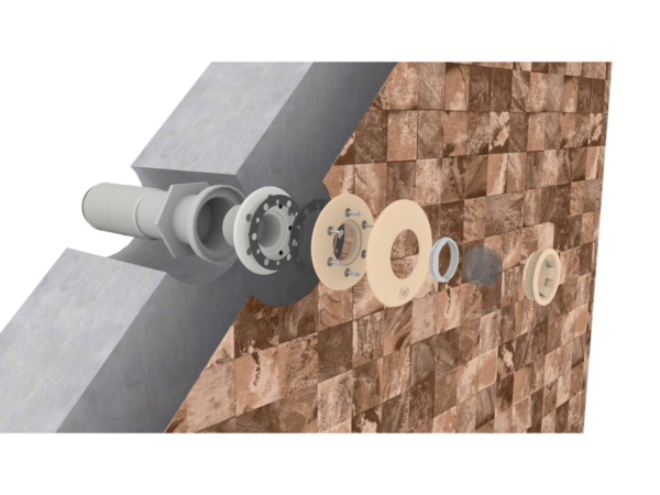 Einbauschema der Einlaufdüse VA mit Durchführung durch Beton