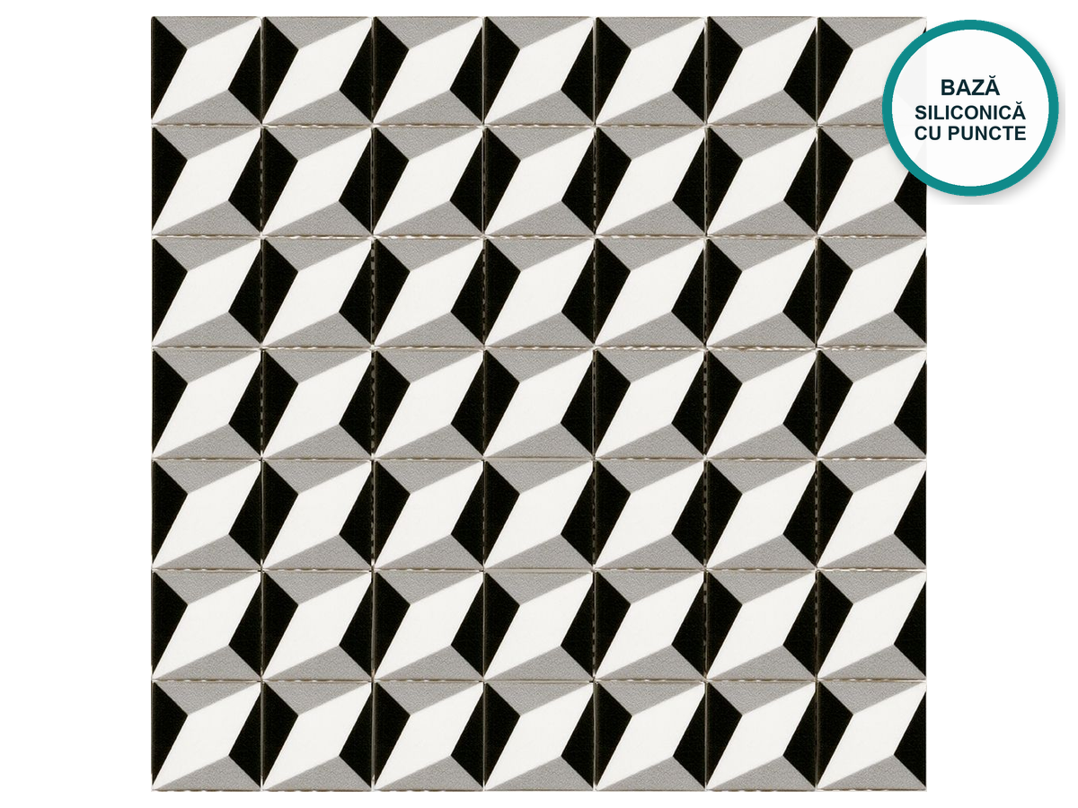 Mozaic cu model din sticlă ceramică pentru baie Alcázar – desen geometric alb-negru și gri, foaie 340 × 340 mm