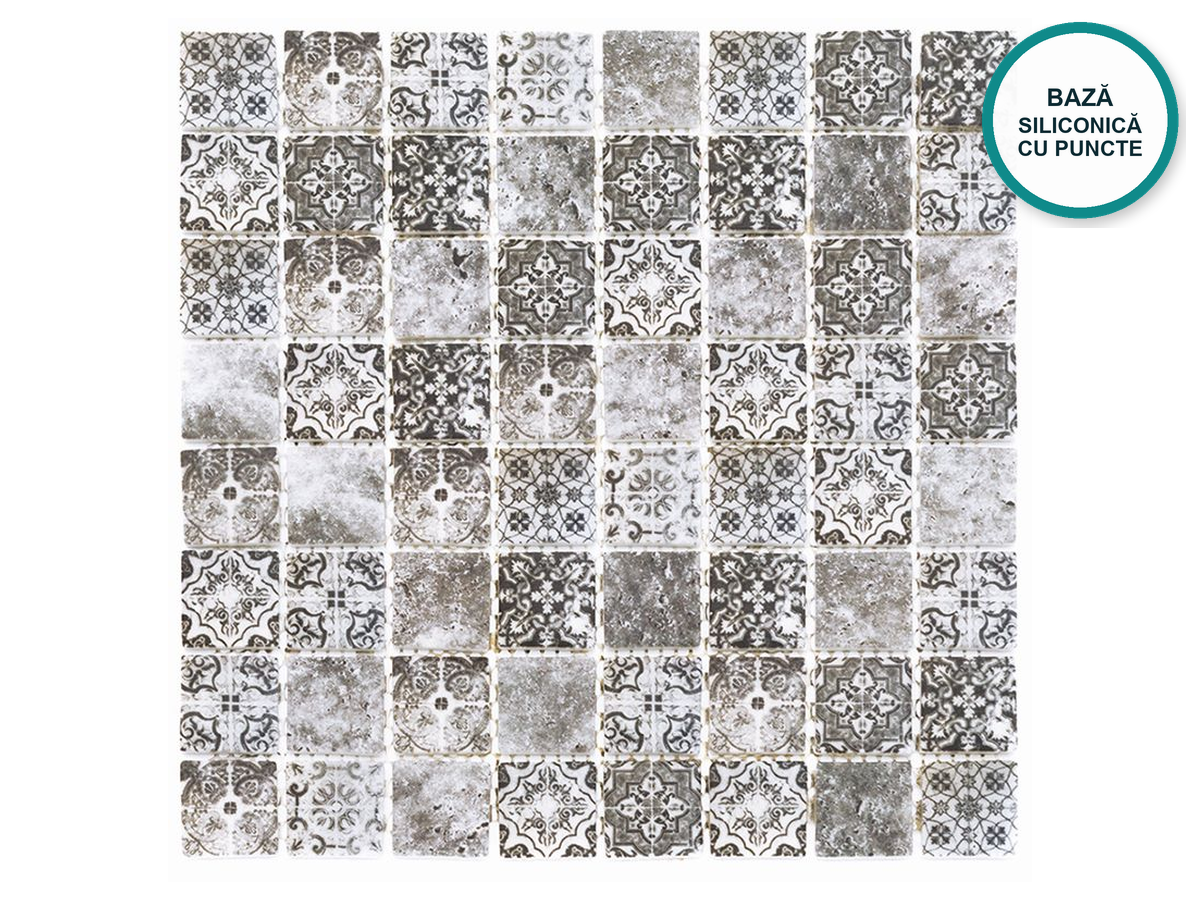 Mozaic cu model din sticlă ceramică pentru baie Bergamo – model patchwork gri, planșă 325 × 325 mm