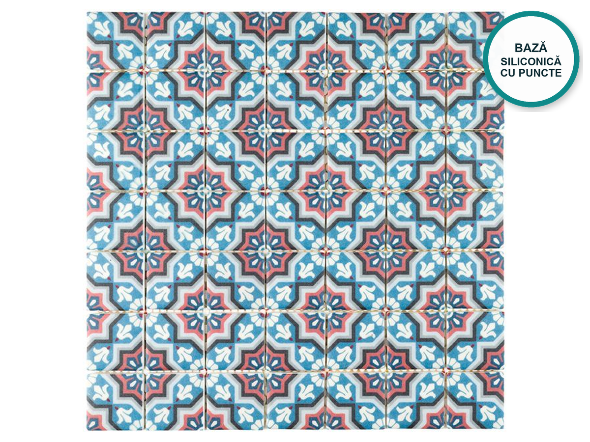 Mozaic cu model din sticlă ceramică pentru baie Mértola – desen ornamental turcoaz-albastru, foaie 340 × 340 mm
