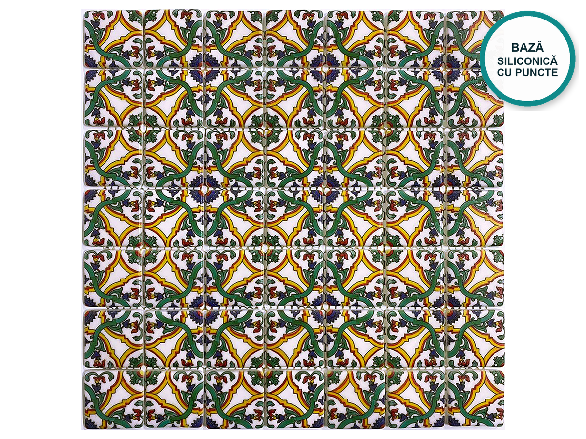 Mozaic cu model din sticlă ceramică pentru baie Montelupo – desen ornamental verde-galben-portocaliu, foaie 340 × 340 mm
