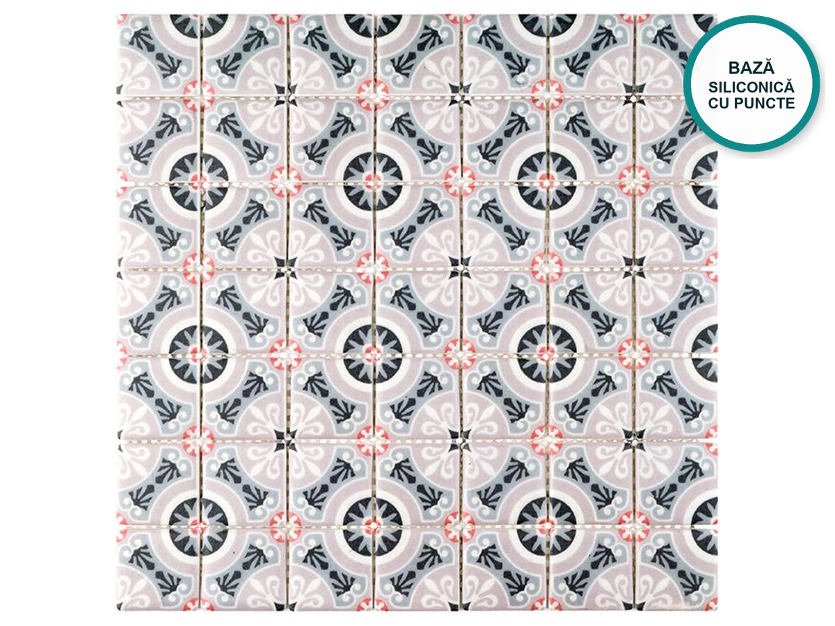 Mozaic cu model din sticlă ceramică pentru baie Nîmes – desen ornamental alb-roz-albastru, foaie 340 × 340 mm