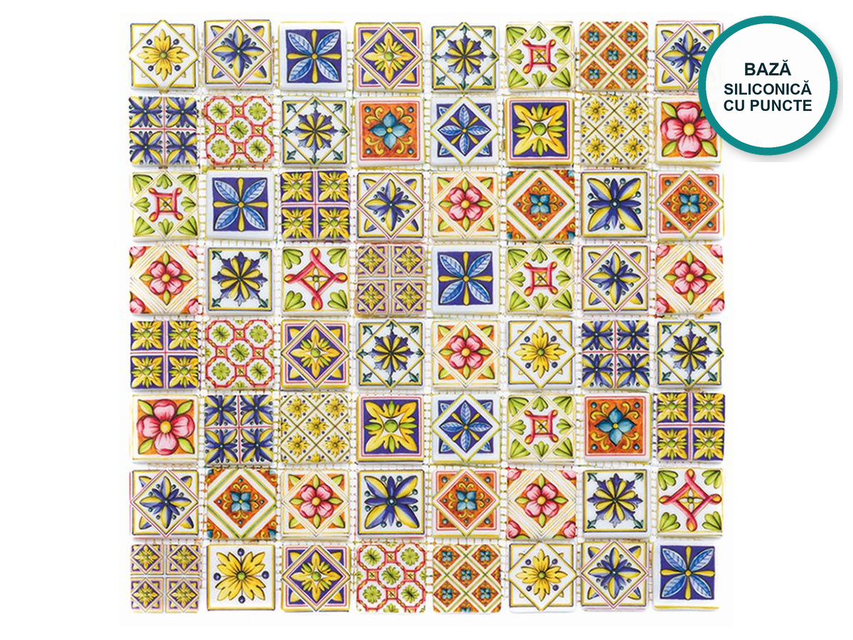 Mozaic cu model din sticlă ceramică pentru baie Puebla – model patchwork galben-roșu-albastru, planșă 325 × 325 mm