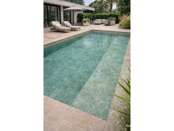 Pool mit Marmoreffekt im Wasser und armierter Poolfolie Cefil Victoria Aurum