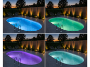 Piscină ovală îngropată MTH Atlantic noaptea, cu iluminare LED subacvatică în patru culori